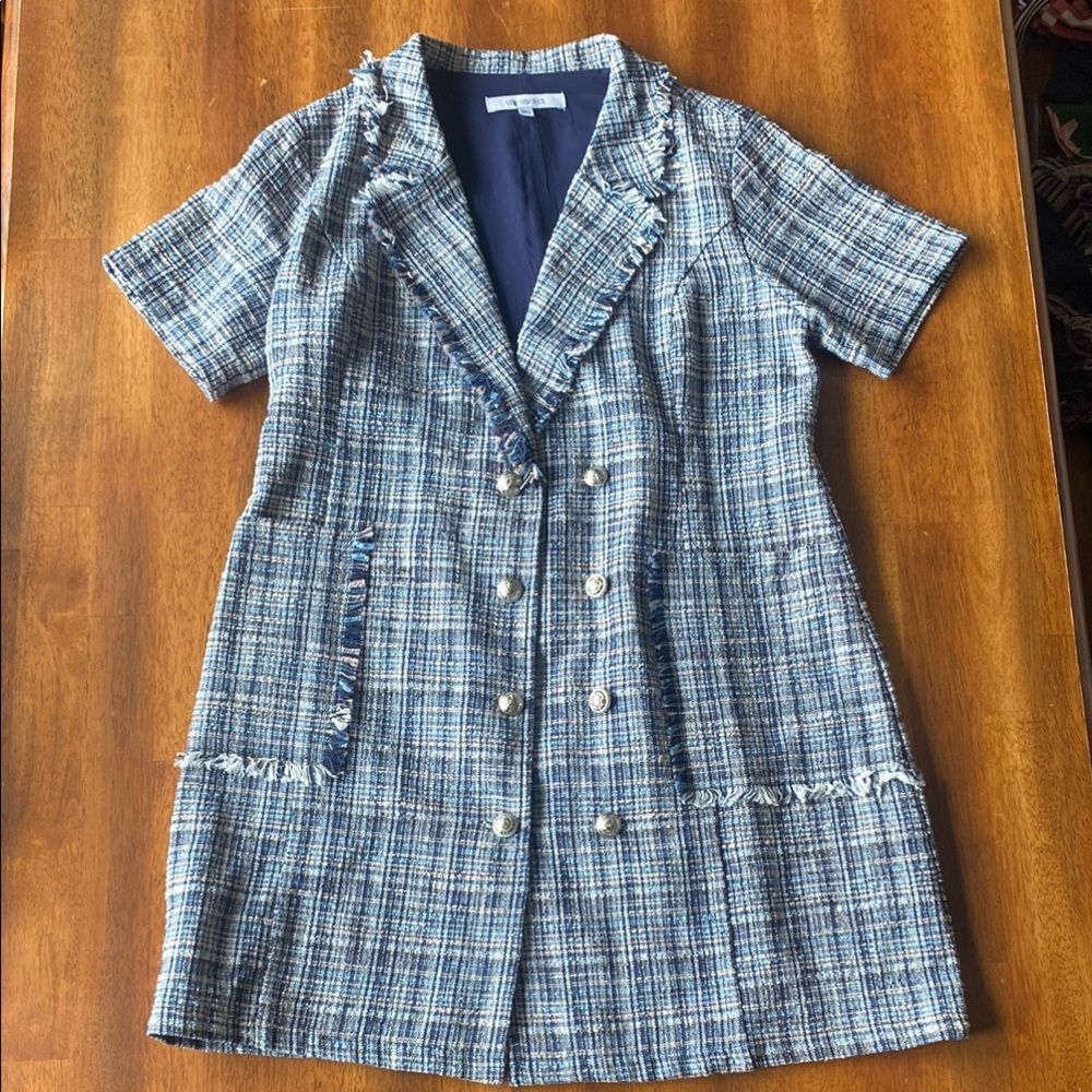 Blue Plaid/Tweed Short-Sleeve Coat